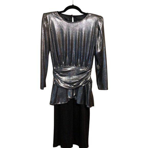 VTG David Rose Metallic Black Dress Draped Waist Peplum Hem Sz 4 Grunge Gothic - Picture 1 of 16